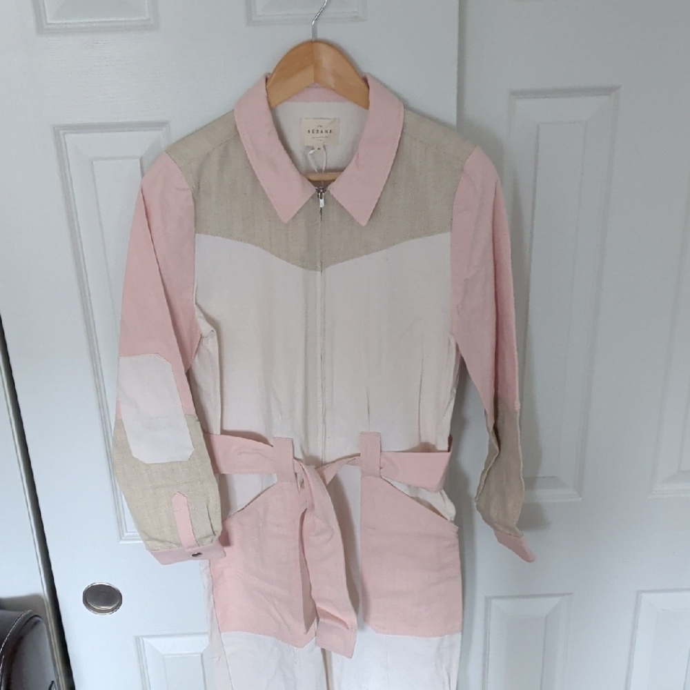 Sezane Pink and Cream Utility Jumpsuit